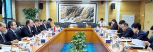 Sardar Awais Ahmad Khan Leghari, Minister for Energy (Power Division) and Senator Muhammad Aurangzeb, Finance Minister in a meeting with President of SINOSURE Mr. Sheng Hetai.