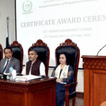 Chairman Senate, Syed Yousuf Raza Gilani addressing as chief guest at the certificate awarding ceremony of 35th senior management course at National Institute of Management (NIM)