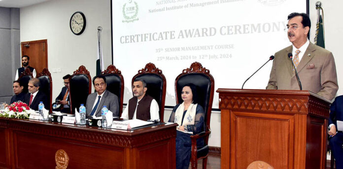 Chairman Senate, Syed Yousuf Raza Gilani addressing as chief guest at the certificate awarding ceremony of 35th senior management course at National Institute of Management (NIM)