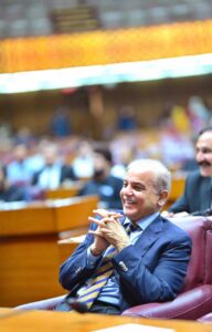 Prime Minister Muhammad Shehbaz Sharif interacts with the Parliamentarians during a session of the National Assembly