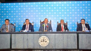 Governor State Bank of Pakistan (SBP) Jameel Ahmad announce Monetary Policy during press conference at State Bank of Pakistan.