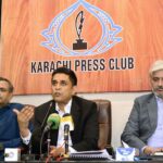 Sindh Government Spokesperson and Sukkur Mayor Barrister Arsalan Shaikh addressing a press conference regarding monsoon rains at Karachi Press Club