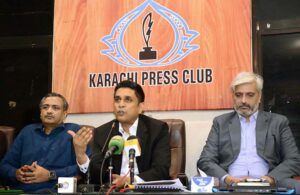 Sindh Government Spokesperson and Sukkur Mayor Barrister Arsalan Shaikh addressing a press conference regarding monsoon rains at Karachi Press Club