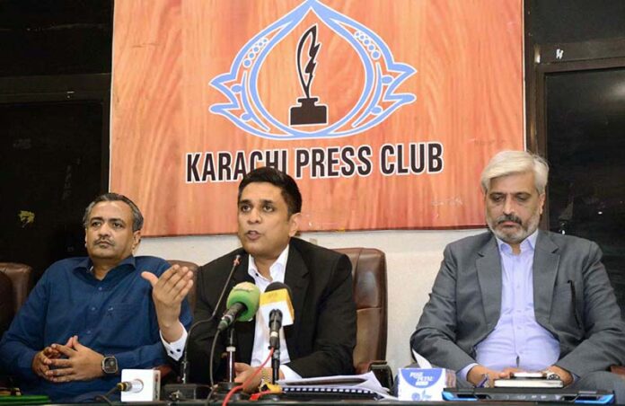 Sindh Government Spokesperson and Sukkur Mayor Barrister Arsalan Shaikh addressing a press conference regarding monsoon rains at Karachi Press Club