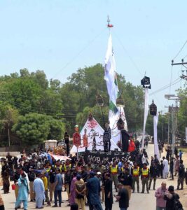 A large number of mourners attending procession on 9th Muharram ul Harram at Latifabad. Muharram Ul Haram is known as the first month of the Islamic calendar and the mourning month in remembrance of the martyrdom (Shahadat) of Hazrat Imam Hussain (RA), the grandson of the Holy Prophet Mohammad (PBUH).