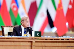 Prime Minister Muhammad Shehbaz Sharif addresses the Shanghai Cooperation Organisation Plus Summit.