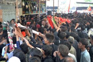 A large number of mourners attending procession on 9th Muharram ul Harram at Latifabad. Muharram Ul Haram is known as the first month of the Islamic calendar and the mourning month in remembrance of the martyrdom (Shahadat) of Hazrat Imam Hussain (RA), the grandson of the Holy Prophet Mohammad (PBUH).