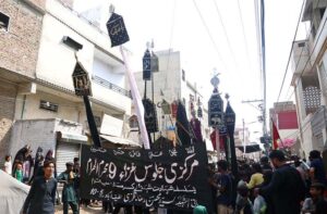A large number of mourners attending procession on 9th Muharram ul Harram at Latifabad. Muharram Ul Haram is known as the first month of the Islamic calendar and the mourning month in remembrance of the martyrdom (Shahadat) of Hazrat Imam Hussain (RA), the grandson of the Holy Prophet Mohammad (PBUH).