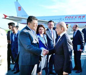 Prime Minister Muhammad Shehbaz Sharif is being seen off by Deputy Prime Minister of Kazakhstan Mr. Kanat Bozumbayev at Nur Sultan Nazarbayev International Airport