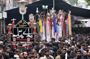 A large number of mourners attending the procession of 9th Muharram-ul-Haram. Muharramul Harram known as the first month of the Islamic calendar and the mourning month in remembrance of the martyrdom (Shahadat) of Hazrat Imam Hussain (RA), the grandson of the Holy Prophet Mohammad (PBUH).