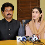 Chairperson of Punjab Women Protection Authority Hina Parvez Butt and Provincial Minister for Social Welfare and Baitul-Mal Sohail Shaukat butt addressing a press conference during their visit at Violence Against Women Center