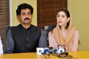 Chairperson of Punjab Women Protection Authority Hina Parvez Butt and Provincial Minister for Social Welfare and Baitul-Mal Sohail Shaukat butt addressing a press conference during their visit at Violence Against Women Center