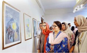 Coordinator to PM on Climate Change and Environmental Coordination, Romina Khurshid Alam inaugurating art exhibition at Pakistan Arts Council.