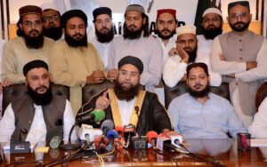 Chairman Pakistan Ullema Council & Special Assistant for interfaith Harmony, Hafiz Tahir Mehmood Ashrafi addressing a Press conference