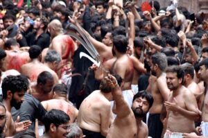 A large number of mourners attending the procession on 10th of Muharram-ul-Haram. Muharram is the mourning month in remembrance of the martyrdom (Shahadat) of Hazrat Imam Hussain (RA), the grandson of the Holy Prophet Mohammad (PBUH).