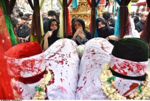 A large number of mourners attending the procession of 9th Muharram-ul-Haram. Muharramul Harram known as the first month of the Islamic calendar and the mourning month in remembrance of the martyrdom (Shahadat) of Hazrat Imam Hussain (RA), the grandson of the Holy Prophet Mohammad (PBUH)