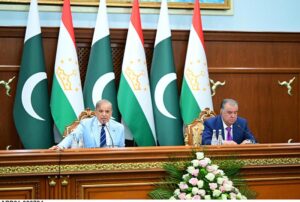 Prime Minister Muhammad Shehbaz Sharif addresses the media in a press conference in Qasr-e-Millat.