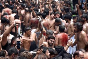 A large number of mourners attending the procession on 10th of Muharram-ul-Haram. Muharram is the mourning month in remembrance of the martyrdom (Shahadat) of Hazrat Imam Hussain (RA), the grandson of the Holy Prophet Mohammad (PBUH).