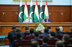 Prime Minister Muhammad Shehbaz Sharif addresses the media in a press conference in Qasr-e-Millat.