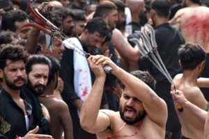 A large number of mourners attending the procession of 9th Muharram-ul-Haram. Muharramul Harram known as the first month of the Islamic calendar and the mourning month in remembrance of the martyrdom (Shahadat) of Hazrat Imam Hussain (RA), the grandson of the Holy Prophet Mohammad (PBUH)
