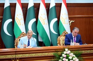 Prime Minister of Pakistan Muhammad Shehbaz Sharif and President of Tajikistan Emomali Rahmon signing Strategic Partnership Agreement between the two countries.