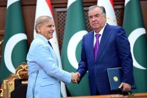 Prime Minister of Pakistan Muhammad Shehbaz Sharif and President of Tajikistan Emomali Rahmon signing Strategic Partnership Agreement between the two countries.