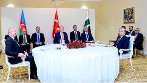 Prime Minister Muhammad Shehbaz Sharif in an inaugural session of Pakistan-Turkiye-Azerbaijan Trilateral Summit alongwith President of Turkiye H.E. Recep Tayyip Erdogan and President of Azerbaijan H.E. Ilham Aliyev, on the sidelines of Shanghai Cooperation Organisation Summit.
