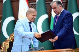 Prime Minister of Pakistan Muhammad Shehbaz Sharif and President of Tajikistan Emomali Rahmon signing Strategic Partnership Agreement between the two countries.