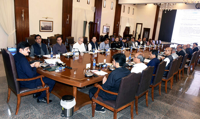 Sindh Chief Minister Syed Murad Ali Shah presides over a meeting at CM House to discuss the removal of encroachments from public spaces in the city