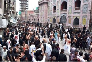 Mourners oozing themselves with knives and chains during procession of 10th of Muharram-ul-Haram. Muharram is the mourning month in remembrance of the Shahadat of Hazrat Imam Hussain (RA), the Grandson of the Holy Prophet Mohammad (PBUH).