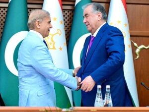 Prime Minister of Pakistan Muhammad Shehbaz Sharif and President of Tajikistan Emomali Rahmon signing Strategic Partnership Agreement between the two countries.