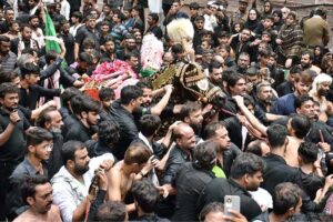 Mourners oozing themselves with knives and chains during procession of 10th of Muharram-ul-Haram. Muharram is the mourning month in remembrance of the Shahadat of Hazrat Imam Hussain (RA), the Grandson of the Holy Prophet Mohammad (PBUH).