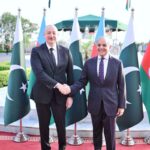 Prime Minister Muhammad Shehbaz Sharif and President of Azerbaijan H.E. Ilham Aliyev shake hands as the President of Azerbaijan arrives at the Prime Minister House