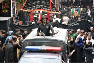 Mourners oozing themselves with knives and chains during the procession of 9th Muharram-ul-Haram. Muharramul Harram known as the first month of the Islamic calendar and the mourning month in remembrance of the martyrdom (Shahadat) of Hazrat Imam Hussain (RA), the grandson of the Holy Prophet Mohammad (PBHU).