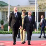 President of Azerbaijan H.E. Ilham Aliyev inspects the guard of honor being presented to him at the Prime Minister House