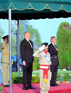 President of Azerbaijan H.E. Ilham Aliyev inspects the guard of honor being presented to him at the Prime Minister House