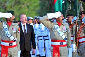 President of Azerbaijan H.E. Ilham Aliyev inspects the guard of honor being presented to him at the Prime Minister House