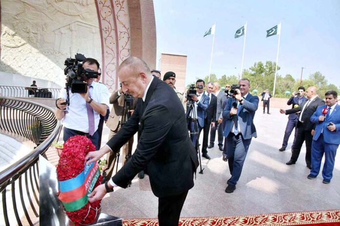 President of Azerbaijan HE Ilham Aliyev laying floral wreath at Pakistan Monument