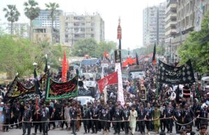 A large number of mourners attending the Ashura procession on 10th of Muharram-ul-Harram at Empress Market, Sadar. Muharram is the mourning month in remembrance of the martyrdom (Shahadat) of Hazrat Imam Hussain (RA), the grandson of the Holy Prophet Mohammad (PBUH).