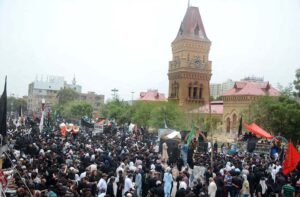 A large number of mourners attending the Ashura procession on 10th of Muharram-ul-Harram at Empress Market, Sadar. Muharram is the mourning month in remembrance of the martyrdom (Shahadat) of Hazrat Imam Hussain (RA), the grandson of the Holy Prophet Mohammad (PBUH).