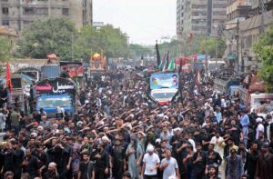 A large number of mourners attending the Ashura procession on 10th of Muharram-ul-Harram at Empress Market, Sadar. Muharram is the mourning month in remembrance of the martyrdom (Shahadat) of Hazrat Imam Hussain (RA), the grandson of the Holy Prophet Mohammad (PBUH).