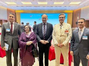 Federal Minister for Planning, Development and Special Initiatives, Prof. Ahsan Iqbal, Ambassador of Pakistan to China H.E. Mr. Khalil Hashmi and Former Ambassador to China Naghmana Hashmi at welcome banquet hosted for dignitaries attending the high-level forum on the Action Plan for Global Development and a Shared Future organised by CIDCA