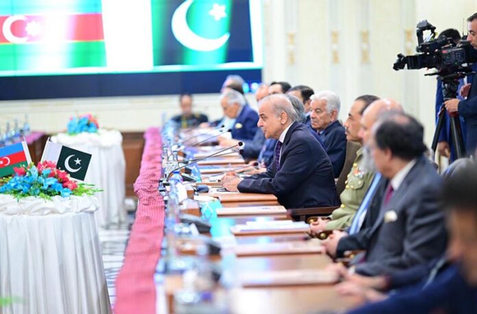 Prime Minister of Pakistan H.E. Muhammad Shehbaz Sharif and President of Azerbaijan H.E. Ilham Aliyev leading their respective delegations during bilateral talks