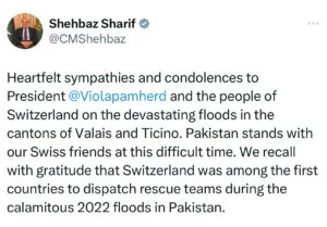 PM conveys sympathies, condolences on devastating floods in Switzerland