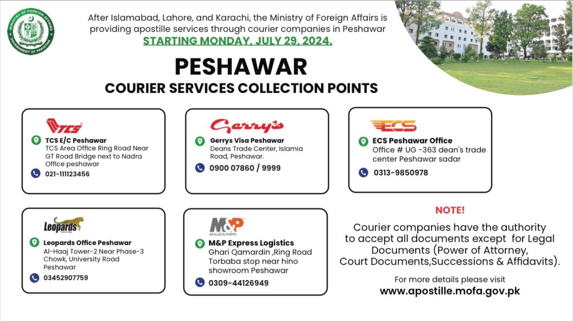 MOFA to start apostille attestation service via courier companies for Peshawar from July 29