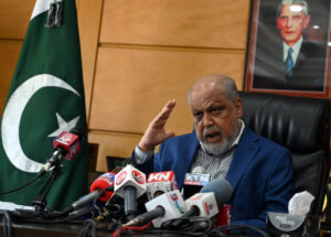 Chairman Pakistan Engineering Council Engr. Muhammad Najeeb Haroon addressing a press conference at his office.