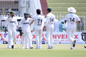 Pakistan players celebrating the wicket of batter Zakir Hasan during the 3rd day of 1st Test cricket match playing between Pakistan and Bangladesh at Pindi Cricket Stadium
