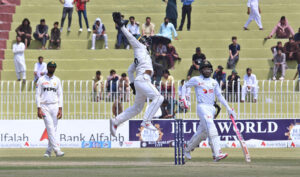 Players in action during the fourth day of the 1st Test Cricket Match playing between Pakistan and Bangladesh at Pindi Cricket Stadium.