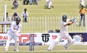 Pakistani batsman Mohammad Rizwan plays shot during the final day of the 1st Test cricket match between Pakistan and Bangladesh teams at the Rawalpindi Cricket Stadium.
