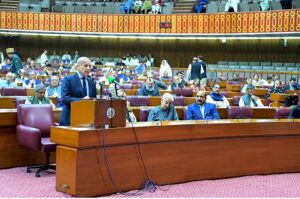 Prime Minister Muhammad Shehbaz Sharif addressing National Assembly Session on situation in Palestine.